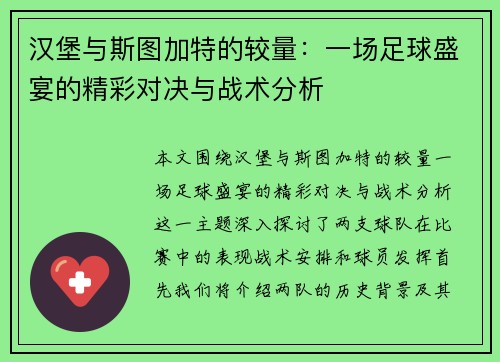 汉堡与斯图加特的较量：一场足球盛宴的精彩对决与战术分析